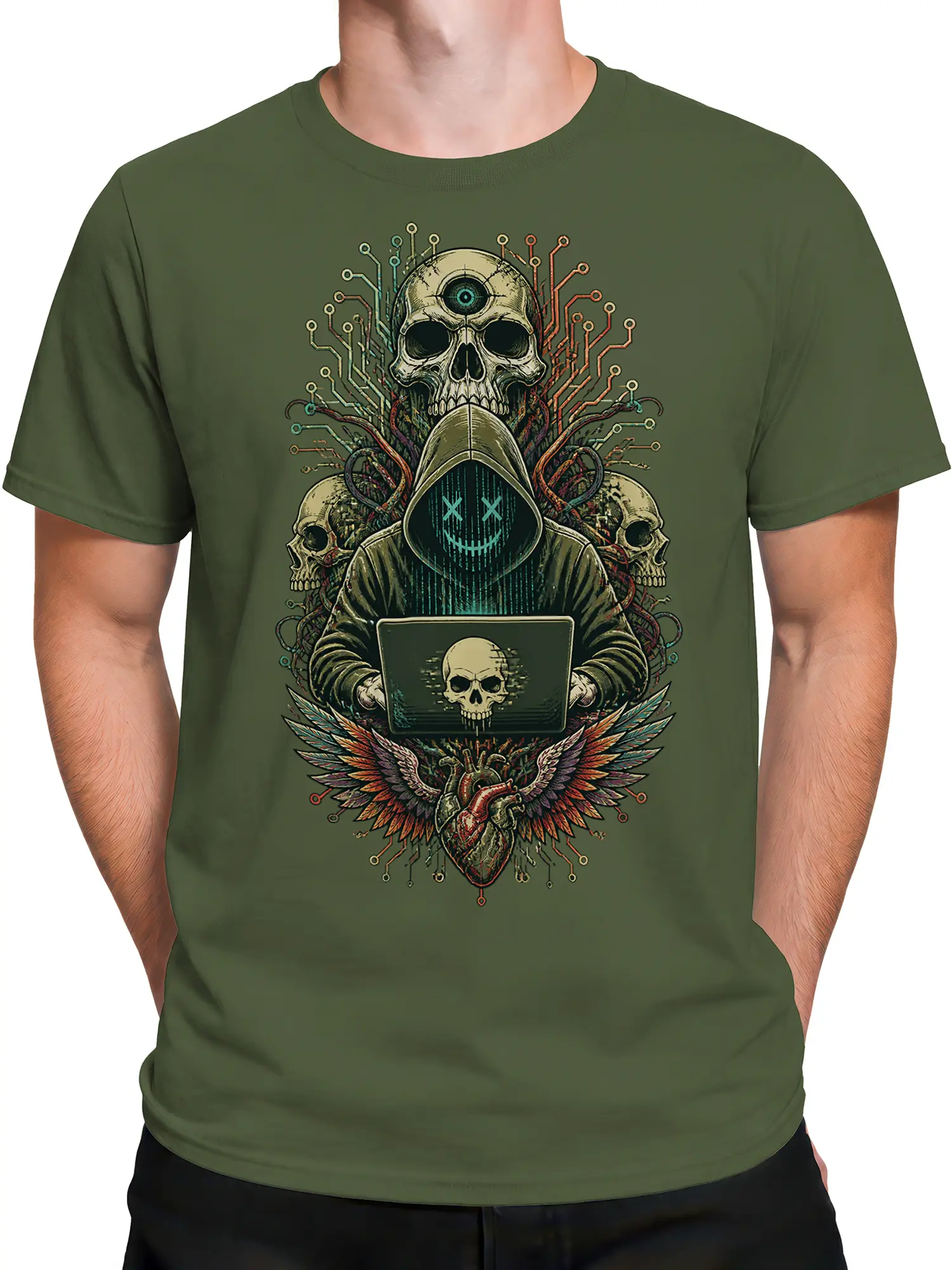 Male torso wearing an olive green shirt with hooded cyber skull, glowing eye, laptop skull, circuit lines, wings, and heart