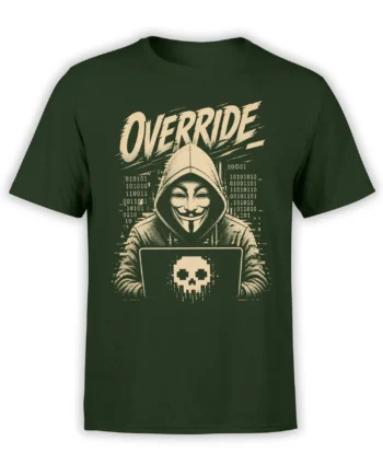 Dark green hacker T-shirt with a hooded masked figure, binary code, laptop, and pixel skull