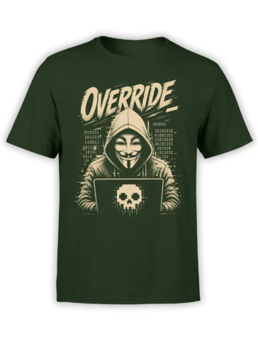 Dark green hacker T-shirt with a hooded masked figure, binary code, laptop, and pixel skull