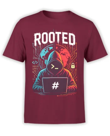 Rooted hacker programmer T-shirt in burgundy with a hooded coder, laptop, world map, binary code, and circuits
