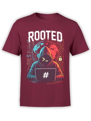 Rooted hacker programmer T-shirt in burgundy with a hooded coder, laptop, world map, binary code, and circuits