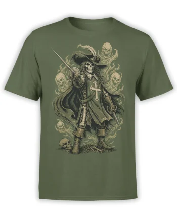 Green T-shirt with a skeletal musketeer in a feathered hat, sword, cross, and ghostly skulls