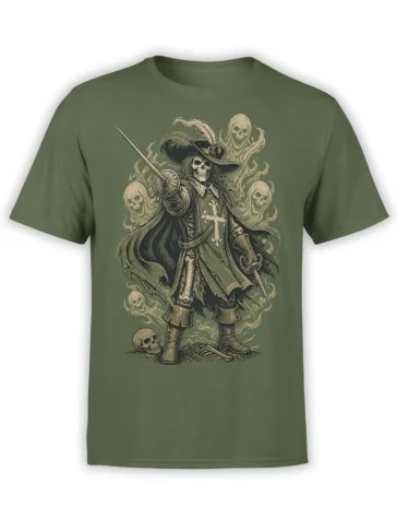 Green T-shirt with a skeletal musketeer in a feathered hat, sword, cross, and ghostly skulls