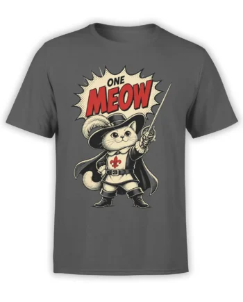 Gray cat musketeer T-shirt with sword, cape, feathered hat, and bold “ONE MEOW” graphic