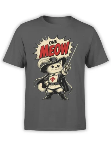 Gray cat musketeer T-shirt with sword, cape, feathered hat, and bold “ONE MEOW” graphic