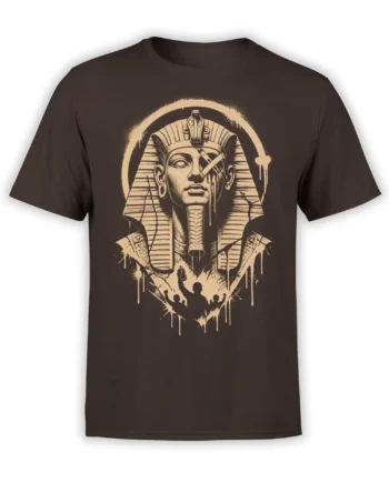 Egyptian pharaoh graphic with distressed sepia artwork and raised-arm silhouettes on a dark brown T-shirt
