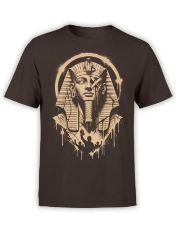 Egyptian pharaoh graphic with distressed sepia artwork and raised-arm silhouettes on a dark brown T-shirt