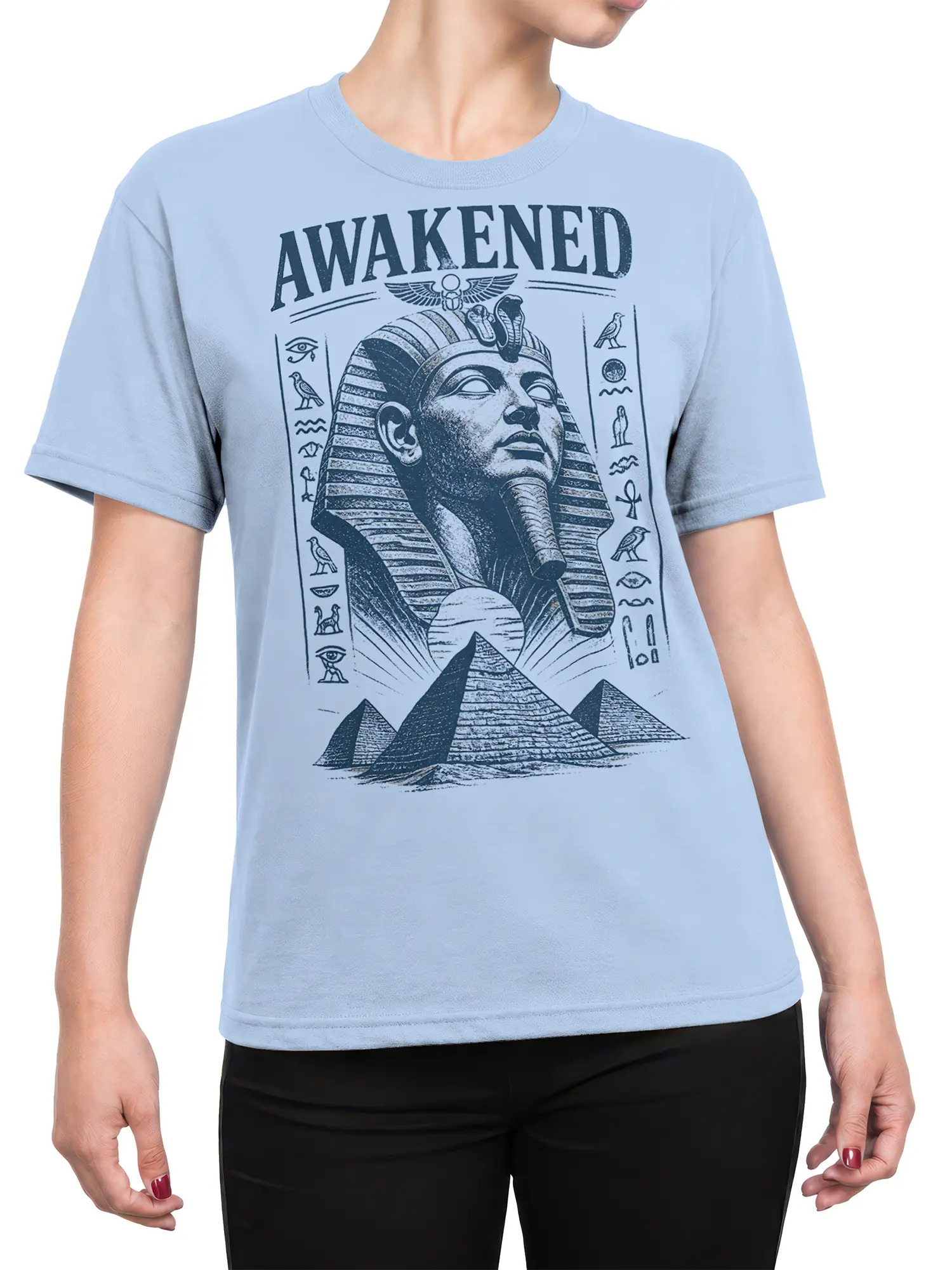 Female torso wearing a light blue awakened pharaoh T-shirt with pyramids and Egyptian symbols