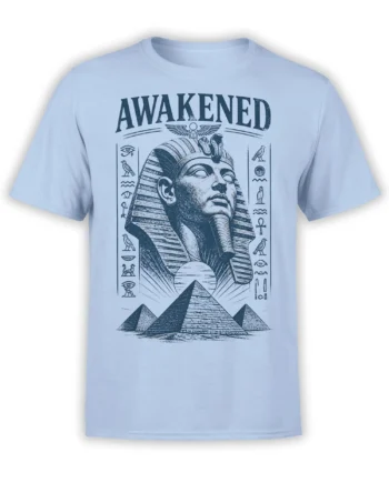 Awakened pharaoh T-shirt in light blue with pyramids, hieroglyphs, birds, and Egyptian symbols