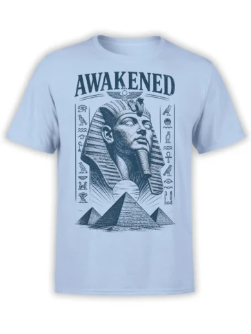 Awakened pharaoh T-shirt in light blue with pyramids, hieroglyphs, birds, and Egyptian symbols