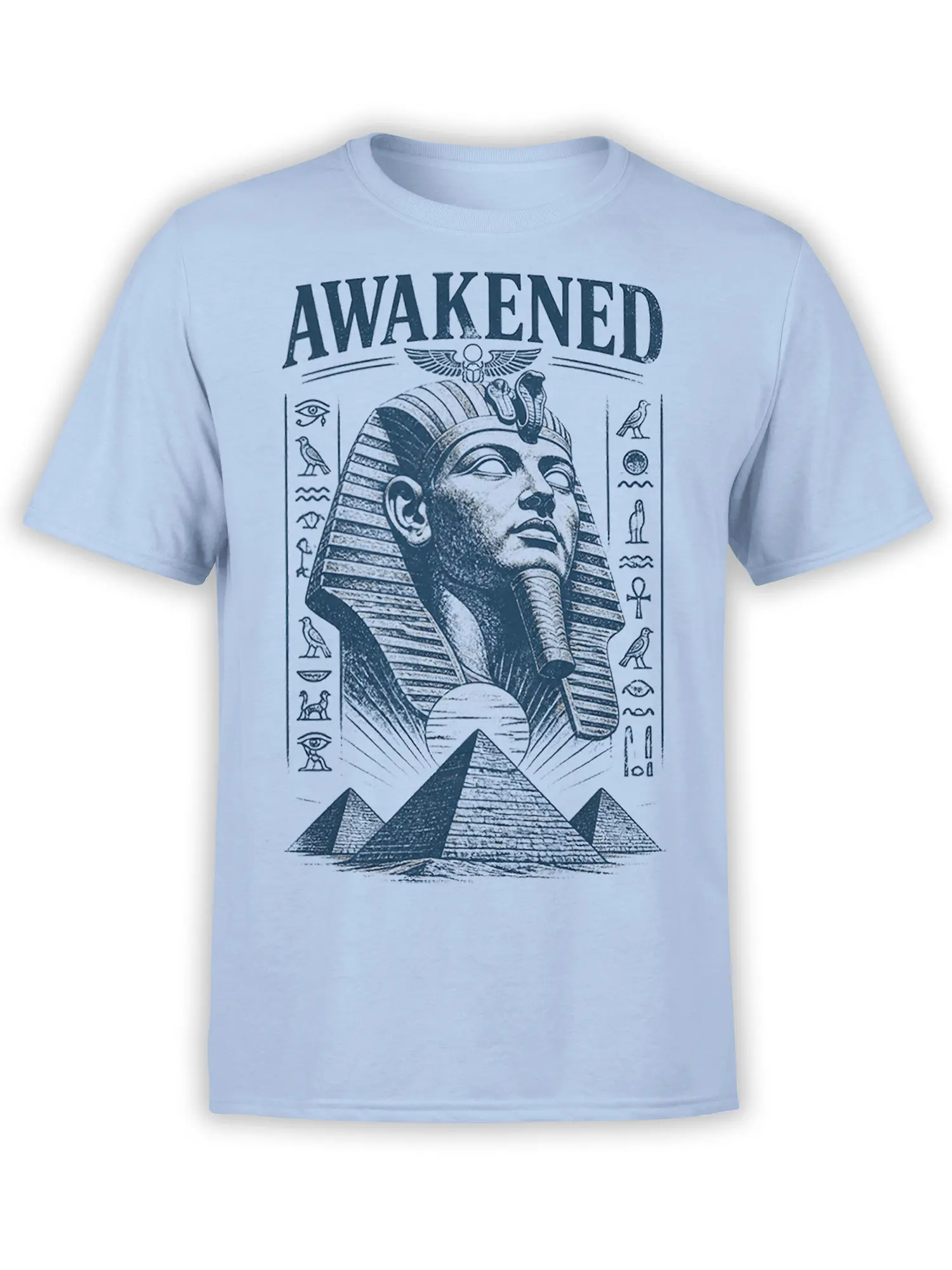 Awakened pharaoh T-shirt in light blue with pyramids, hieroglyphs, birds, and Egyptian symbols