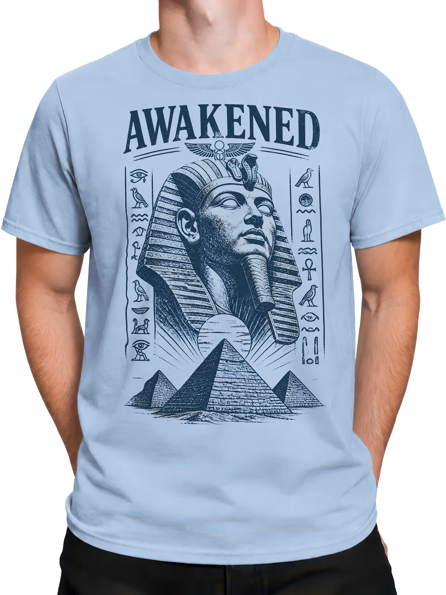 Male torso wearing a light blue Egyptian T-shirt with an awakened pharaoh and pyramid artwork