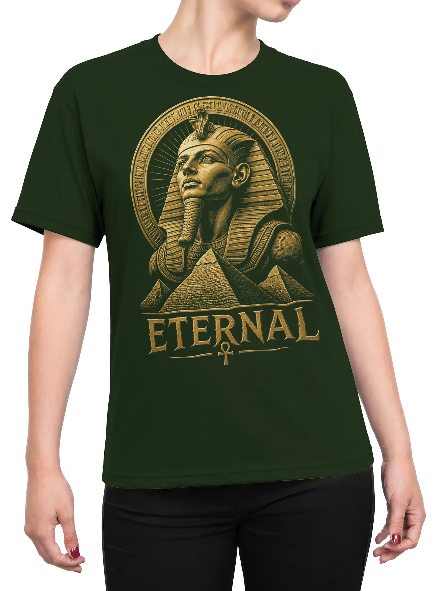 Female torso wearing a dark green pharaoh and pyramid graphic T-shirt with antique-gold details