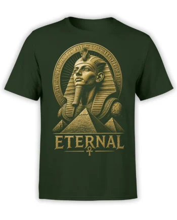 Ancient Egyptian pharaoh and pyramids with “ETERNAL” lettering on a dark green T-shirt