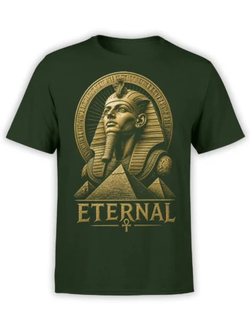 Ancient Egyptian pharaoh and pyramids with “ETERNAL” lettering on a dark green T-shirt