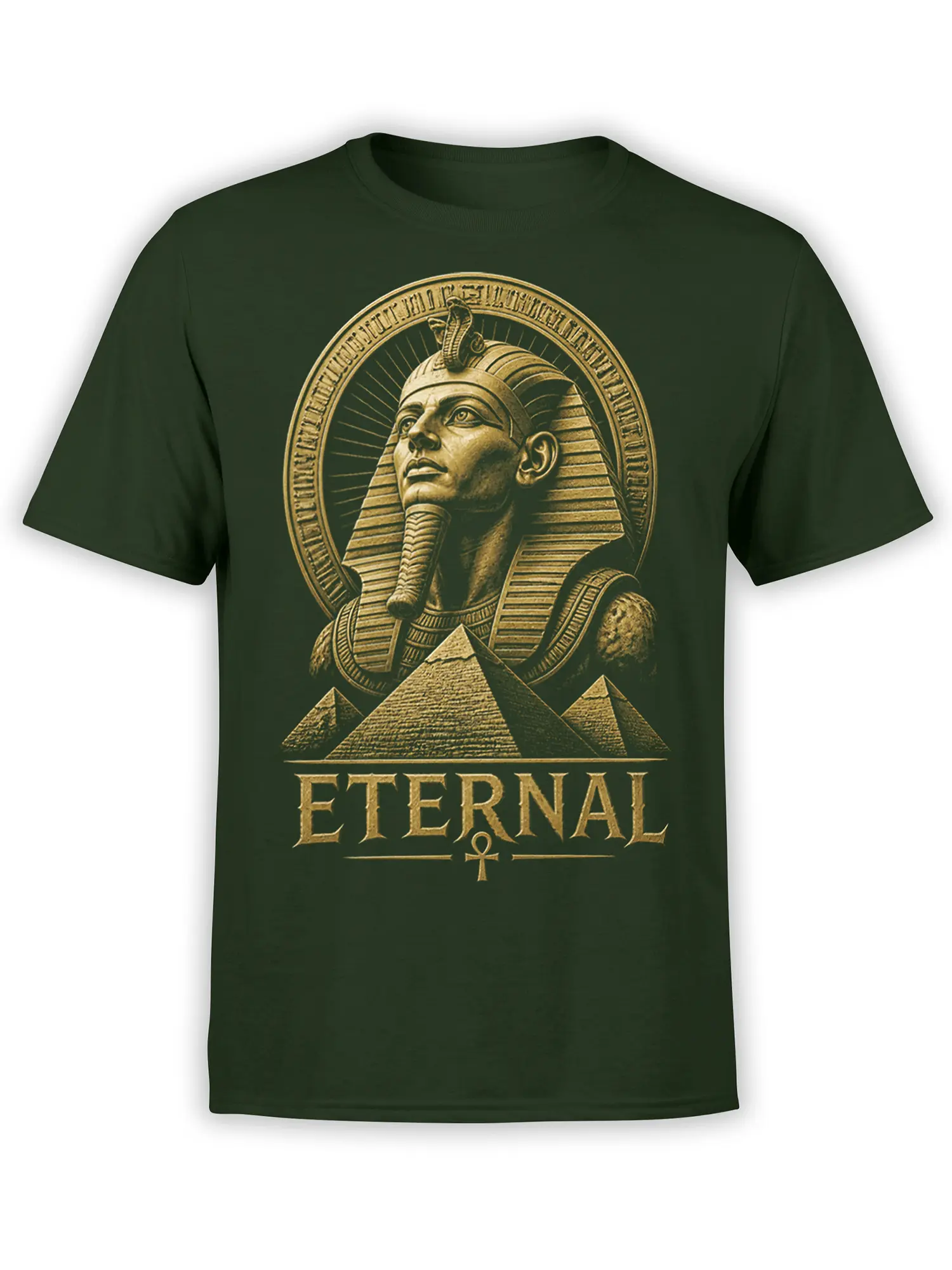 Ancient Egyptian pharaoh and pyramids with “ETERNAL” lettering on a dark green T-shirt
