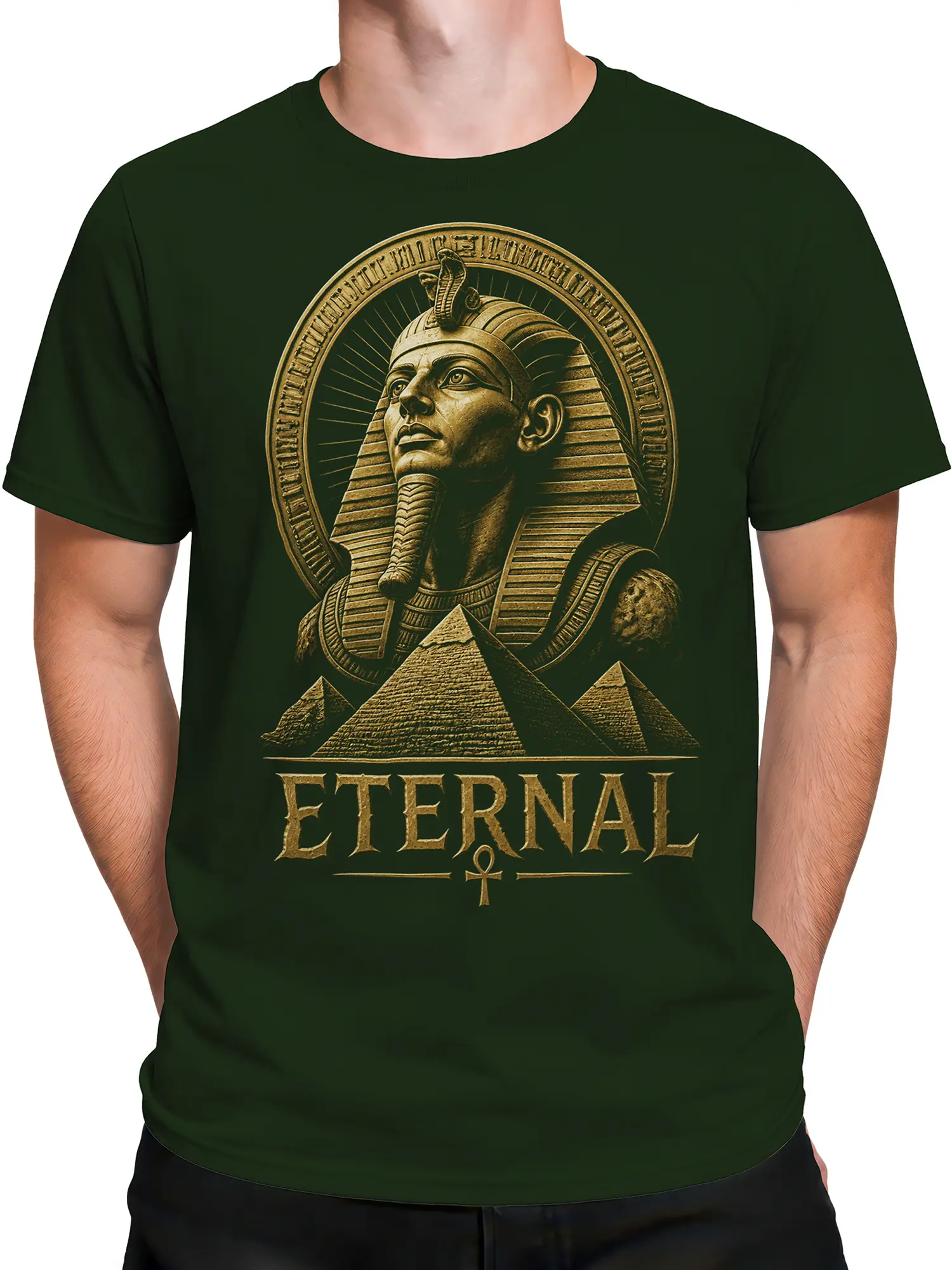 Male torso wearing a dark green Egyptian pharaoh graphic tee with pyramids and gold lettering