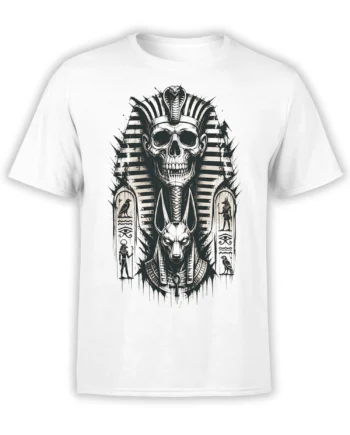 White shirt with Egyptian skull, striped pharaoh headdress, cobra, jackal guardian, and ancient symbols