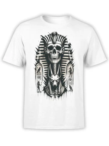 White shirt with Egyptian skull, striped pharaoh headdress, cobra, jackal guardian, and ancient symbols