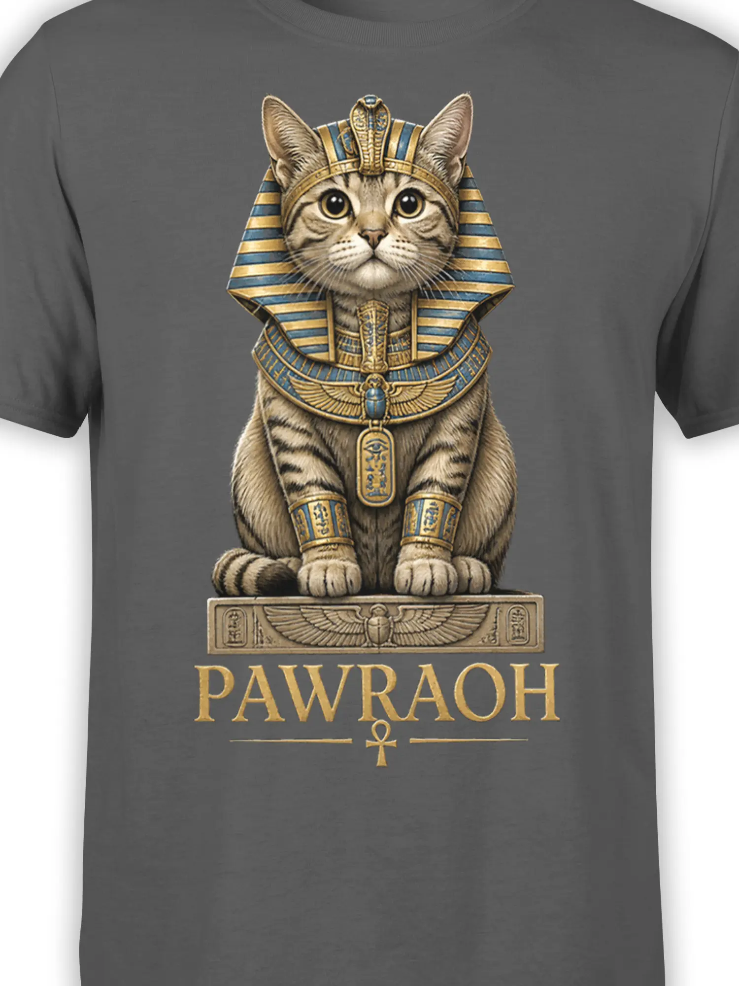 Close-up of Egyptian pharaoh cat artwork with blue-and-gold details on a gray T-shirt