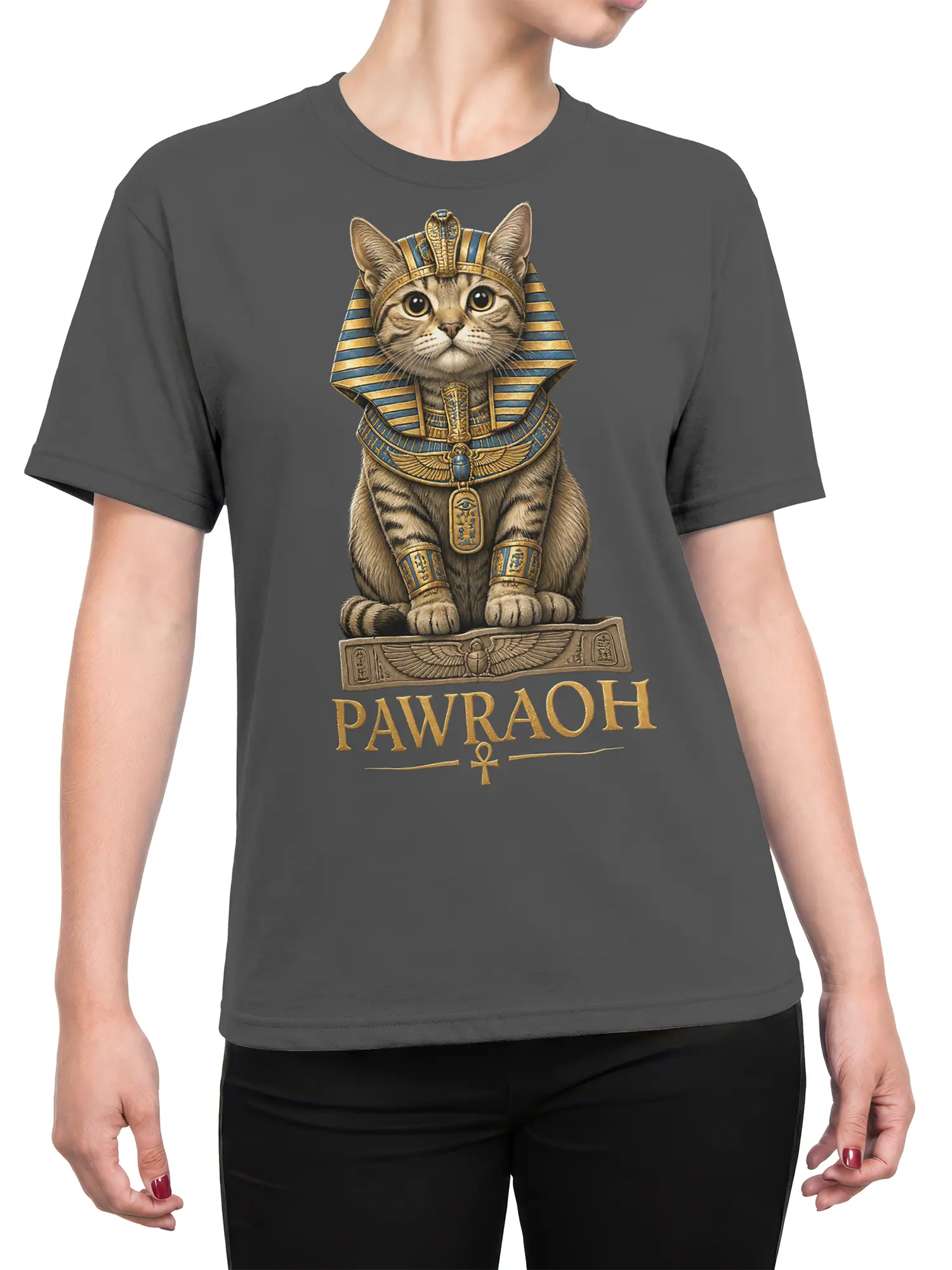 Female torso wearing a gray Pawraoh Egyptian cat graphic T-shirt
