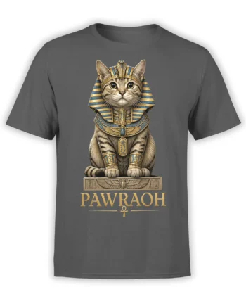 Gray Egyptian cat T-shirt with blue-and-gold pharaoh details and PAWRAOH lettering