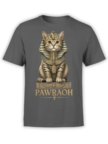 Gray Egyptian cat T-shirt with blue-and-gold pharaoh details and PAWRAOH lettering