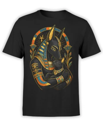 Black T-shirt with an Anubis-inspired jackal guardian embracing a decorated black cat in Egyptian artwork