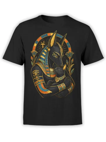 Black T-shirt with an Anubis-inspired jackal guardian embracing a decorated black cat in Egyptian artwork