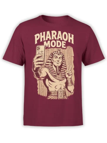 Burgundy Egyptian T-shirt with a pharaoh holding a smartphone beneath bold PHARAOH MODE lettering