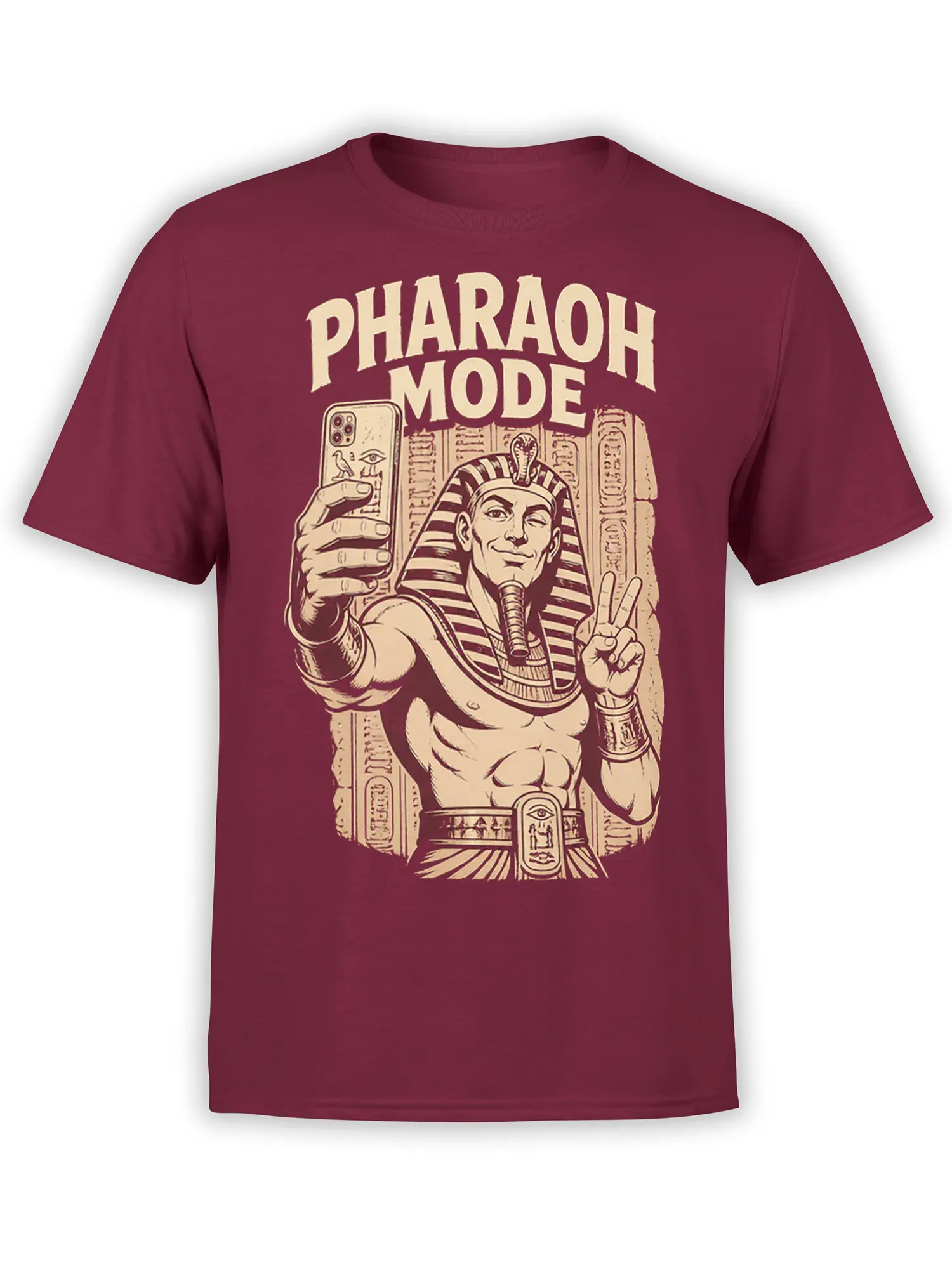 Burgundy Egyptian T-shirt with a pharaoh holding a smartphone beneath bold PHARAOH MODE lettering