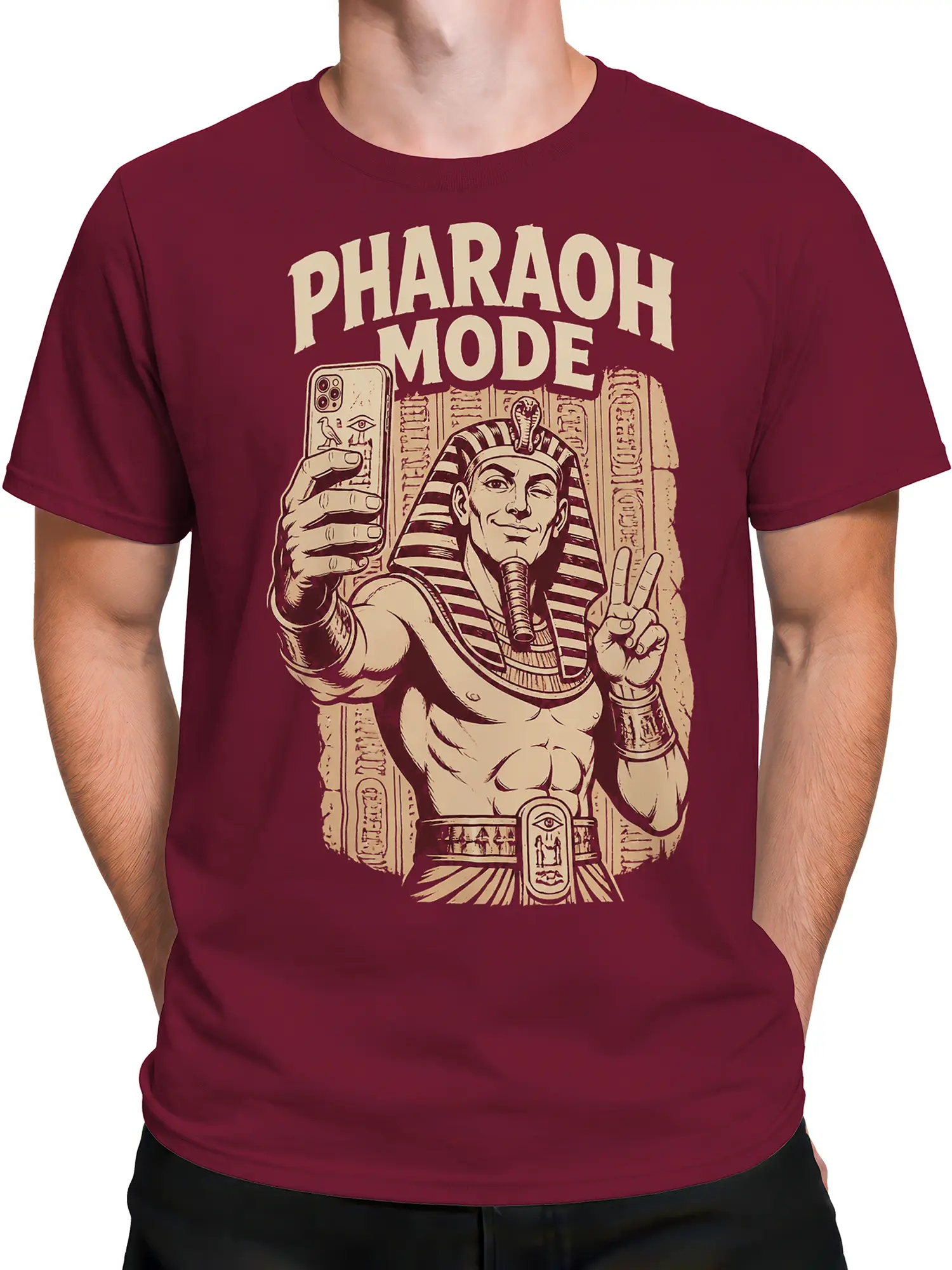 Male torso wearing a burgundy Egyptian pharaoh graphic T-shirt with vintage cream artwork