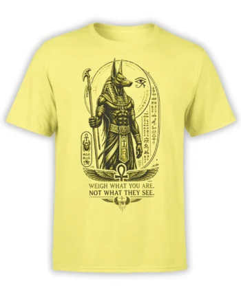 Yellow Anubis jackal T-shirt with Egyptian hieroglyphs, ankhs, eye symbol, and character quote