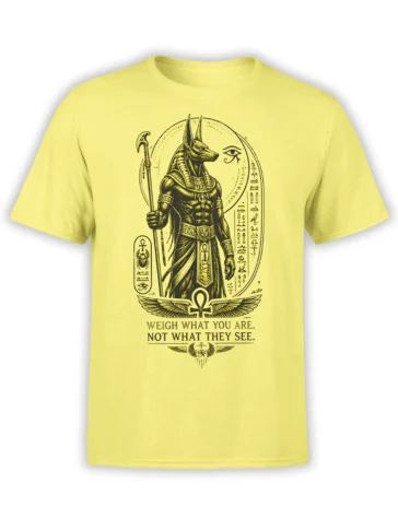 Yellow Anubis jackal T-shirt with Egyptian hieroglyphs, ankhs, eye symbol, and character quote