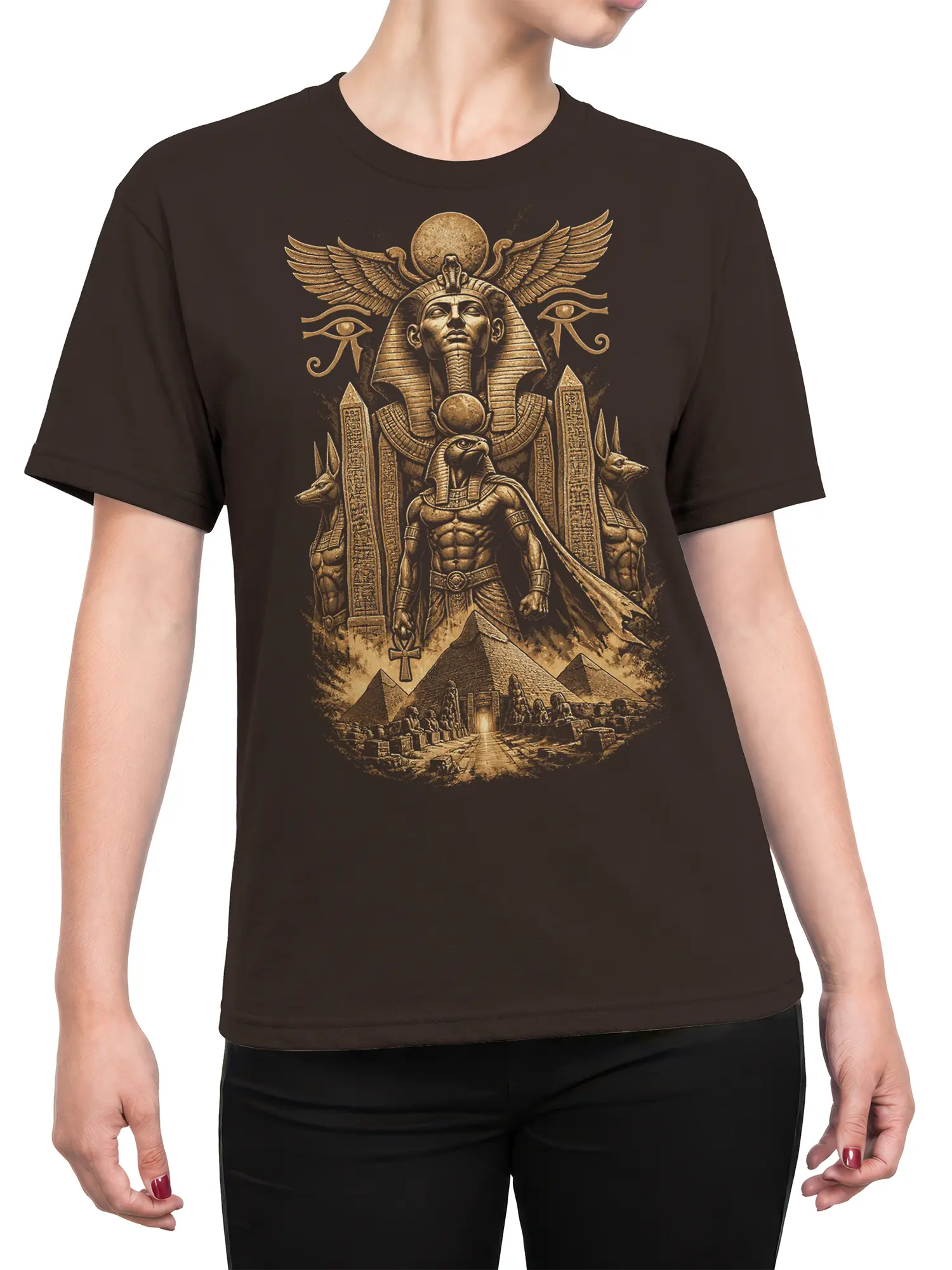 Female torso wearing a brown Egyptian T-shirt with a falcon-headed guardian, pyramids, wings, and ancient symbols