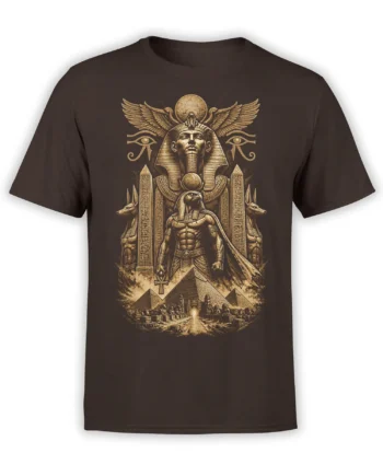 Brown Egyptian T-shirt with falcon-headed guardian, pyramids, wings, hieroglyphs, and jackal figures