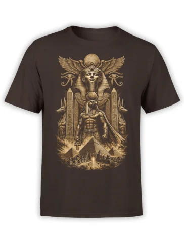Brown Egyptian T-shirt with falcon-headed guardian, pyramids, wings, hieroglyphs, and jackal figures