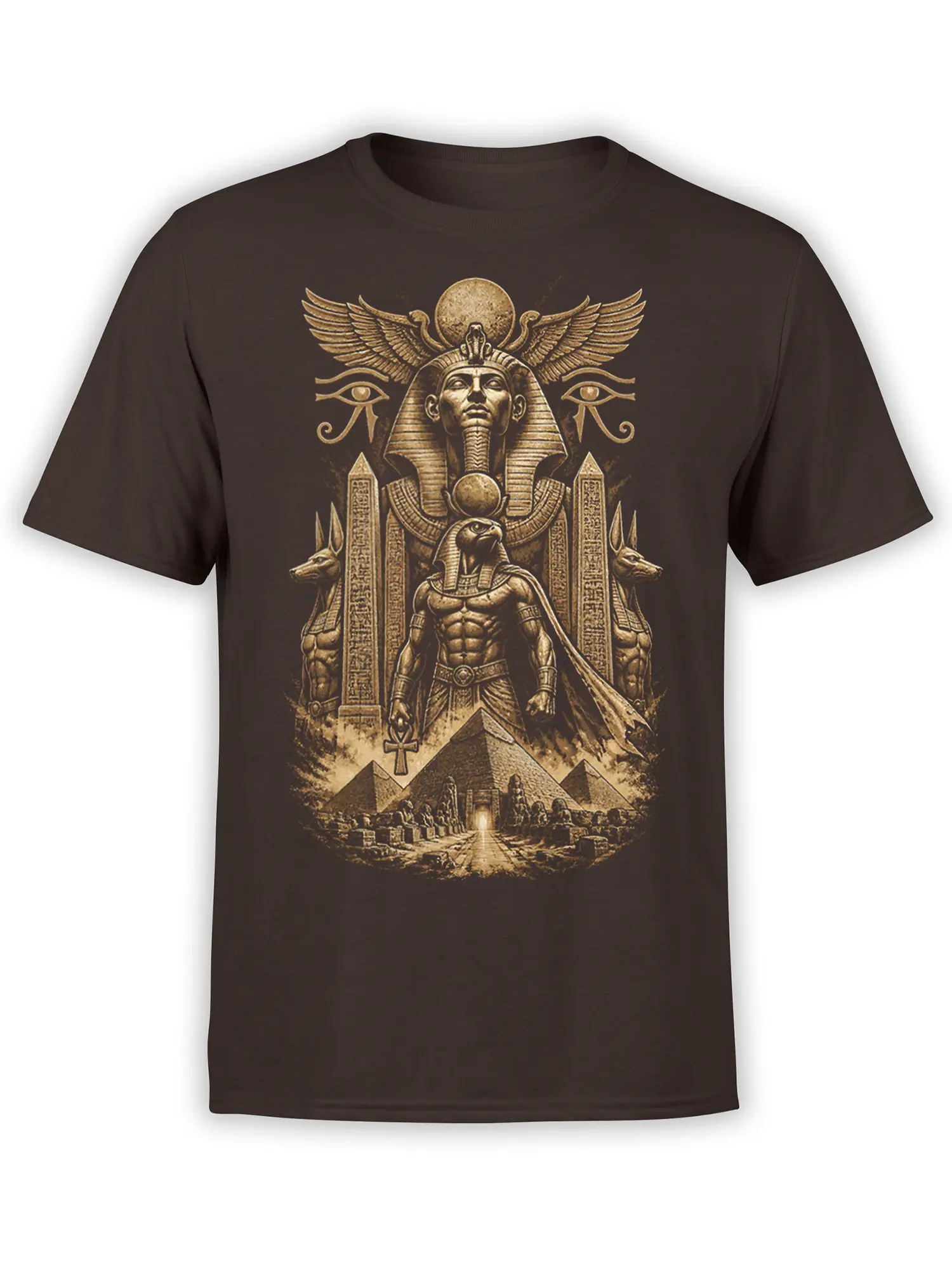 Brown Egyptian T-shirt with falcon-headed guardian, pyramids, wings, hieroglyphs, and jackal figures