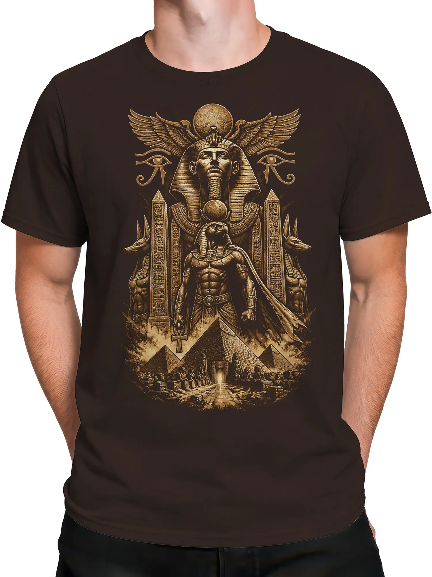 Male torso wearing a brown Egyptian T-shirt with a falcon-headed warrior and pyramid temple artwork