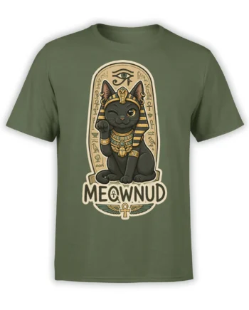 Green cat T-shirt with a regal black Egyptian-inspired cat, ankh symbols, wings, and “MEOWNUND” text