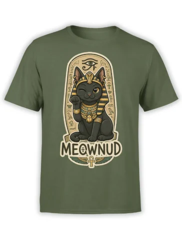 Green cat T-shirt with a regal black Egyptian-inspired cat, ankh symbols, wings, and “MEOWNUND” text