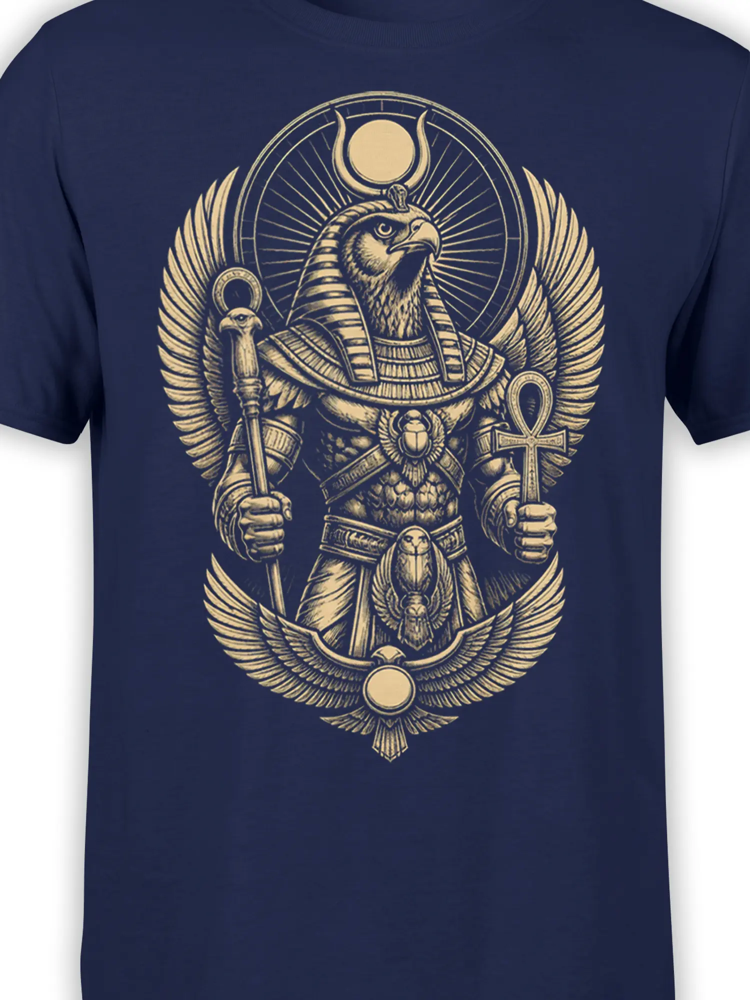 Close-up of the gold winged Egyptian ruler artwork showing the falcon head, ankh, scarab, and detailed ceremonial armor