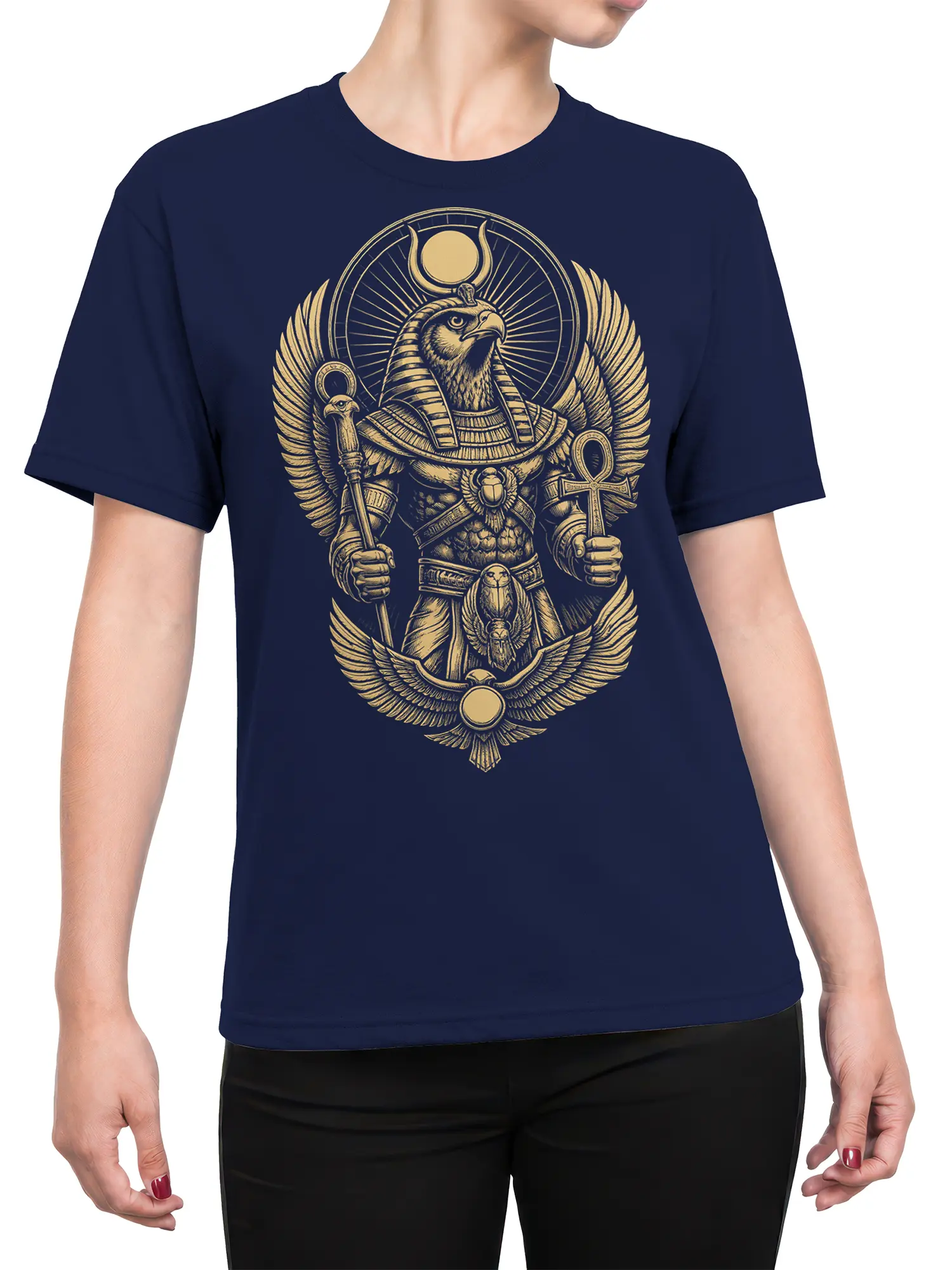 Female torso wearing a navy T-shirt with a gold winged falcon-headed Egyptian ruler and ankh design