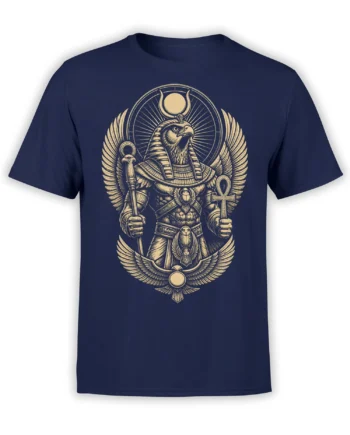 Winged falcon-headed Egyptian ruler design in warm gold ink on a navy T-shirt with an ankh and scarab
