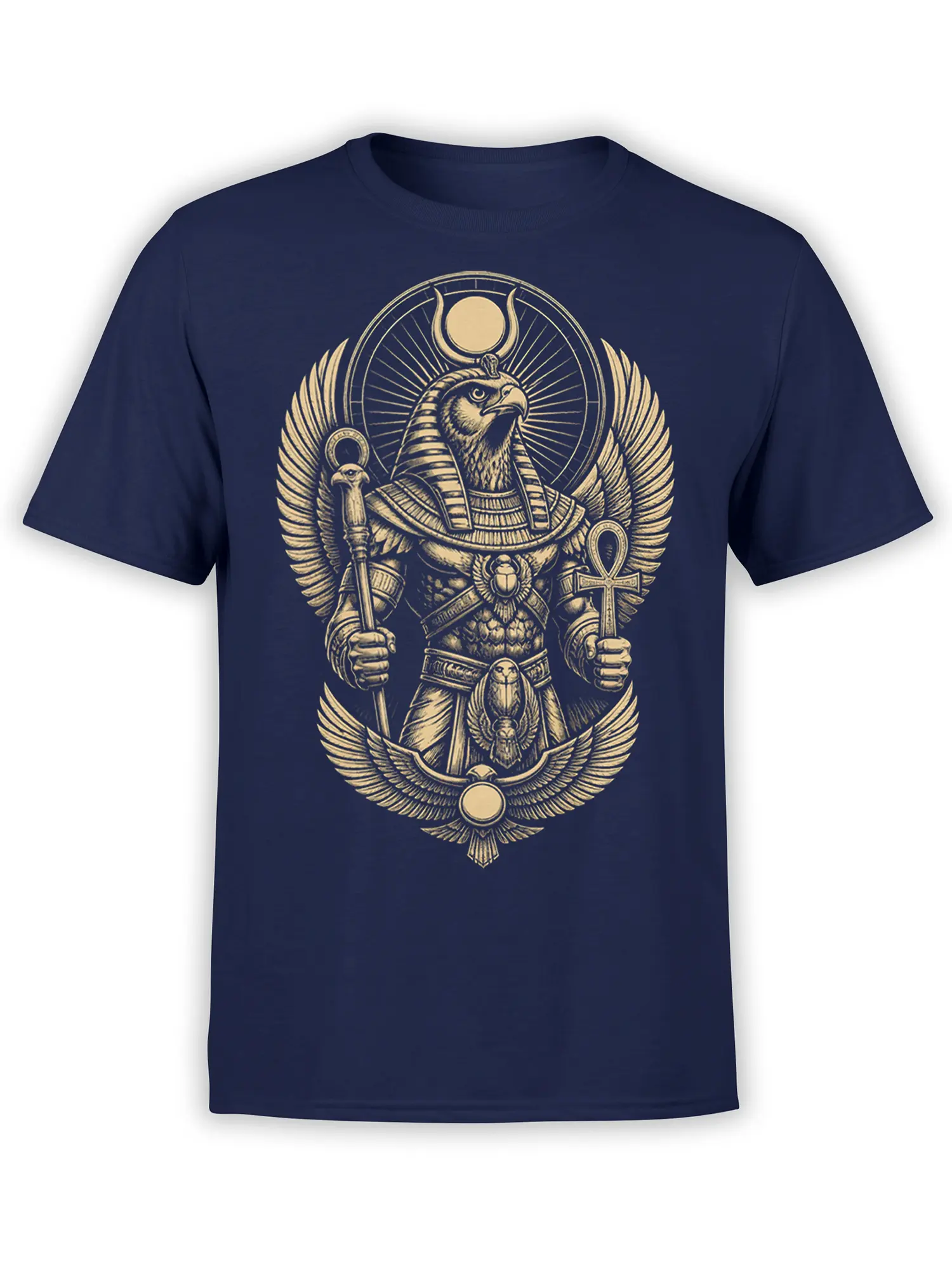 Winged falcon-headed Egyptian ruler design in warm gold ink on a navy T-shirt with an ankh and scarab
