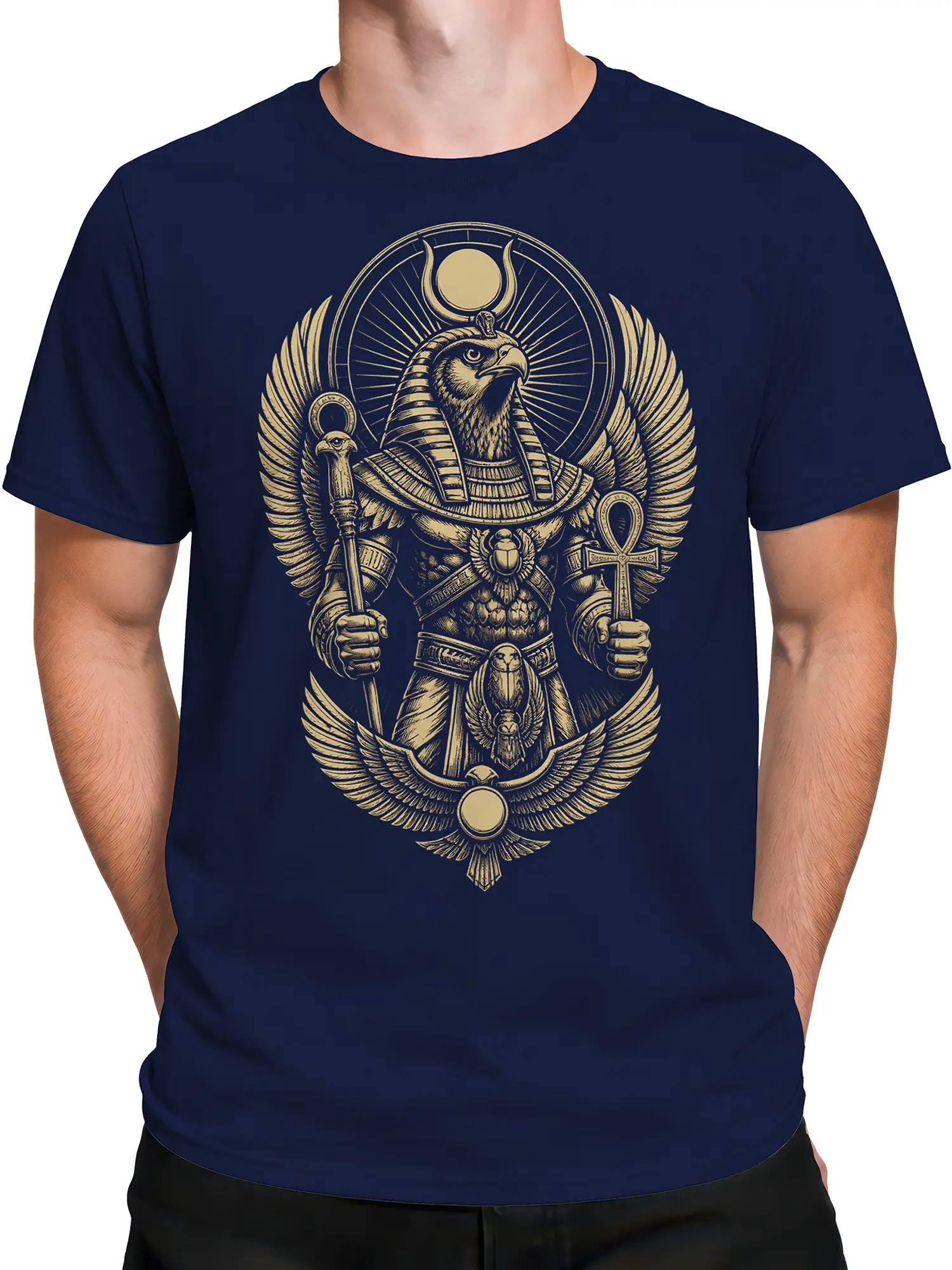 Male torso wearing a navy T-shirt with a detailed gold winged Egyptian ruler and symbolic ankh artwork