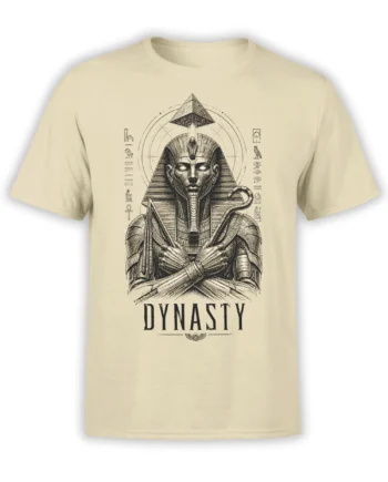 Egyptian pharaoh T-shirt in beige with pyramid, ancient symbols, crossed arms, and DYNASTY lettering