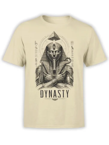 Egyptian pharaoh T-shirt in beige with pyramid, ancient symbols, crossed arms, and DYNASTY lettering