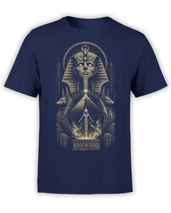 Egyptian-inspired pharaoh T-shirt with jackal-headed guardians, pyramid geometry, and cream-gold artwork on navy