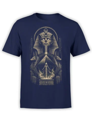 Egyptian-inspired pharaoh T-shirt with jackal-headed guardians, pyramid geometry, and cream-gold artwork on navy